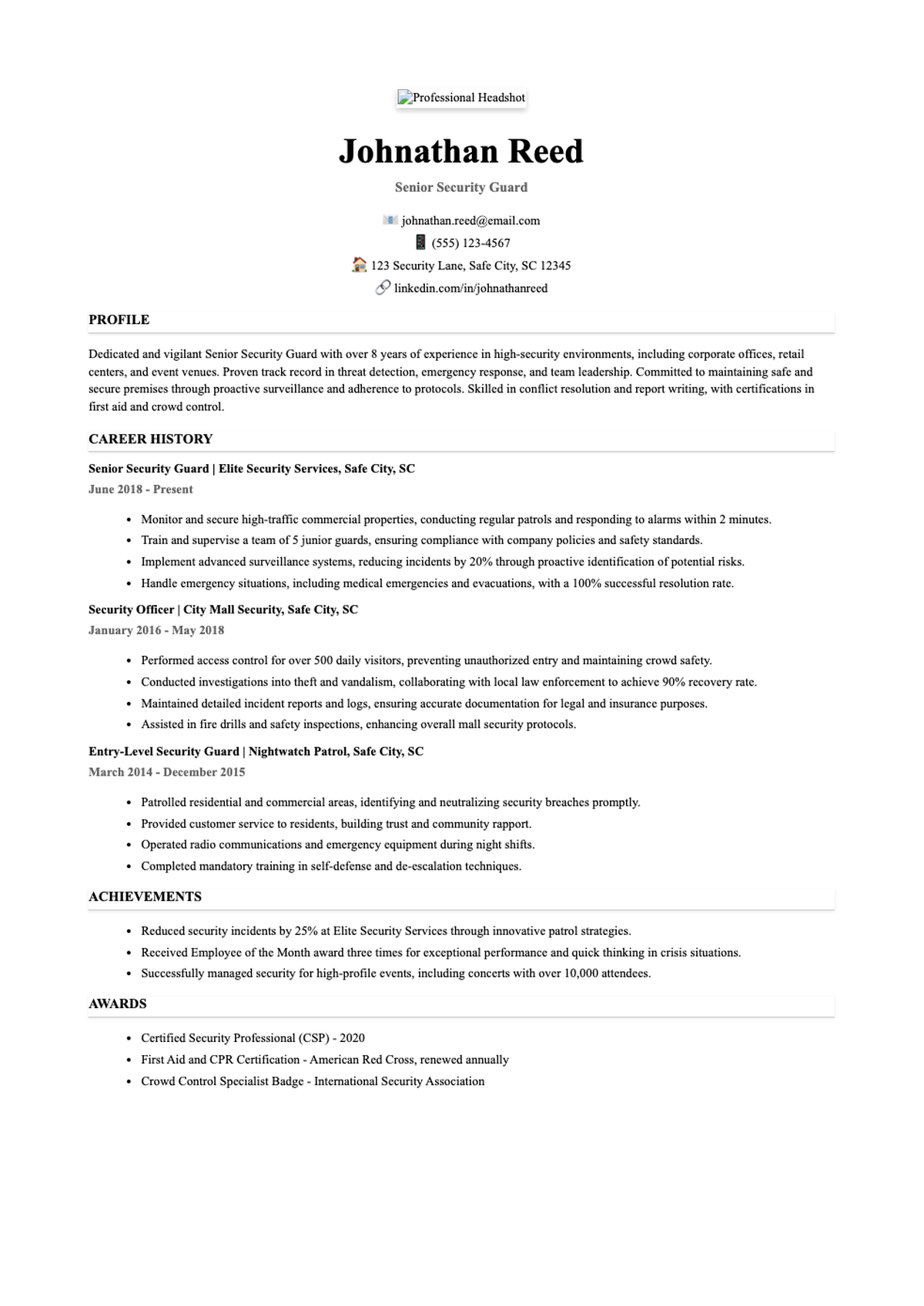 Professional security guard resume template with photo and career timeline_variant_2